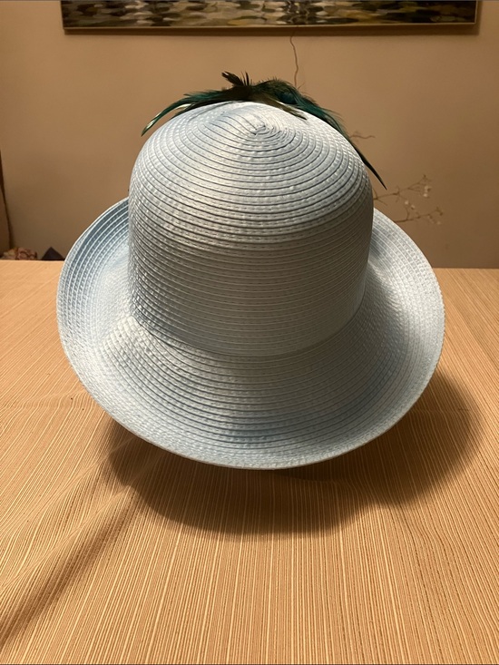 Light Blue Satin Ribbon Feathered Hat with Floral Accent